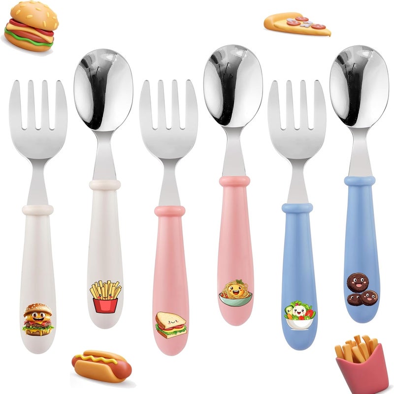 MONGSEW 6PCS Toddler Kids Utensils Silverware, Stainless Steel Toddler Baby Forks and Spoons, BPA Free, Dishwasher Safe (Food-Themed Design) - Image 1